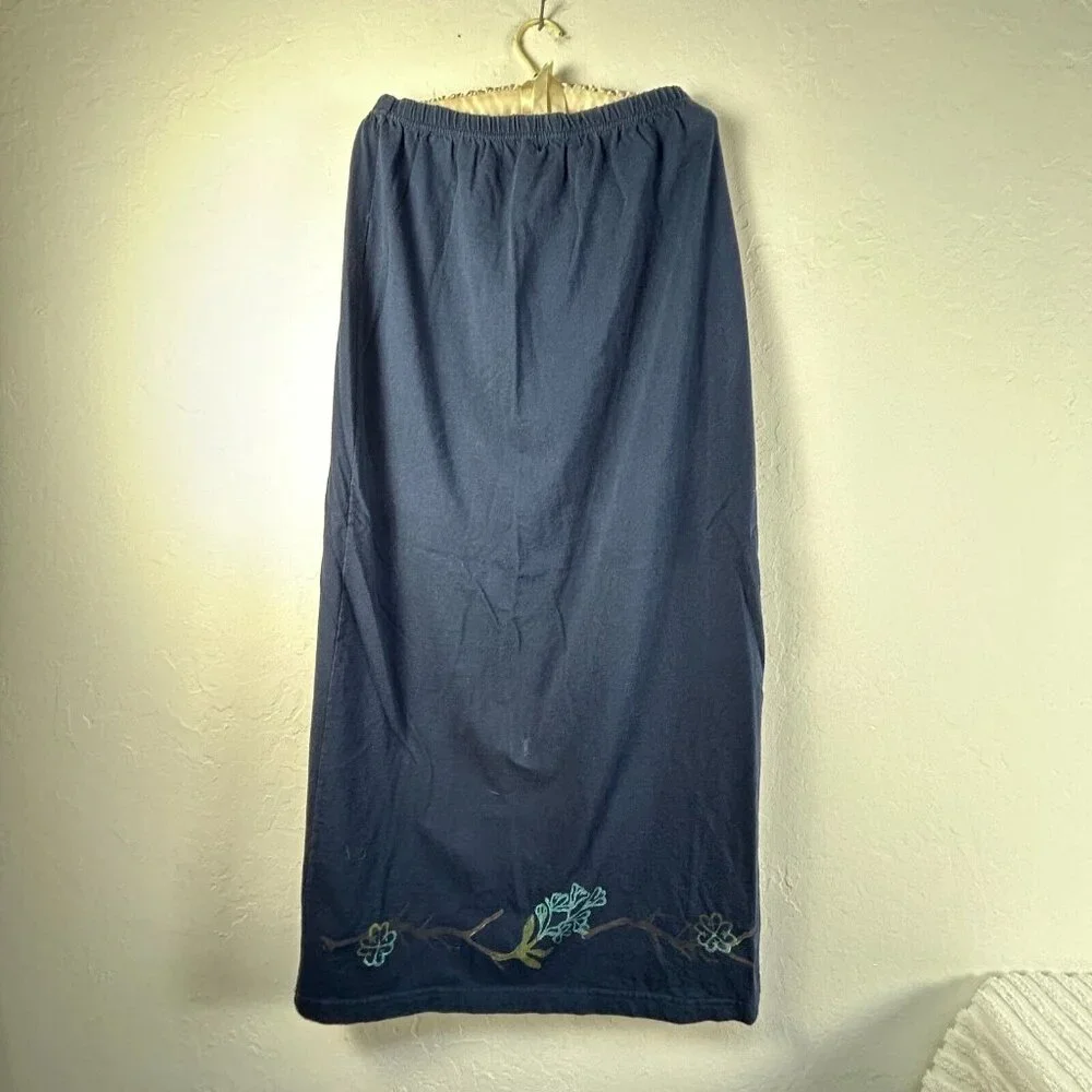 VINTAGE Blue Fish Women's Straight Maxi Skirt Blue Organic Cotton Elastic Waist